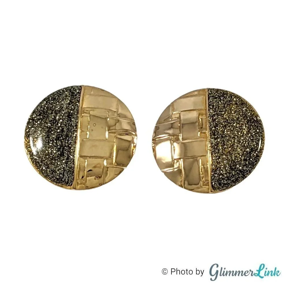 Vintage 1980s Large Circle Weave Glitter Enamel Gold Tone Pierced Earrings